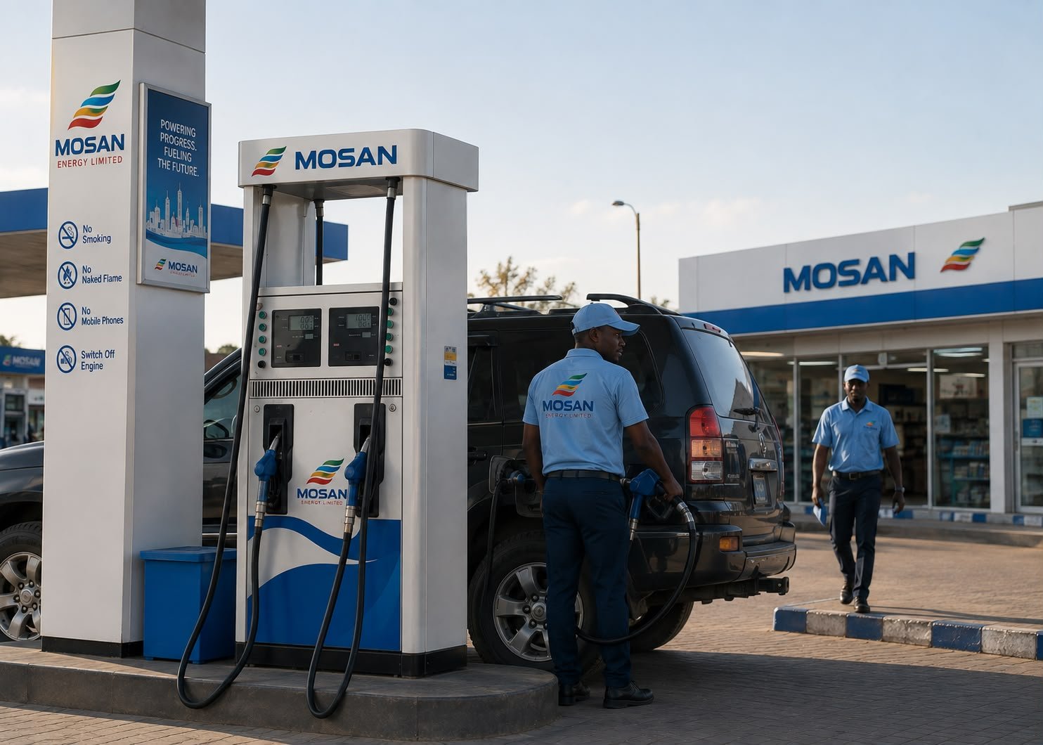 Mosan Energy attendant fueling a customer vehicle at the forecourt